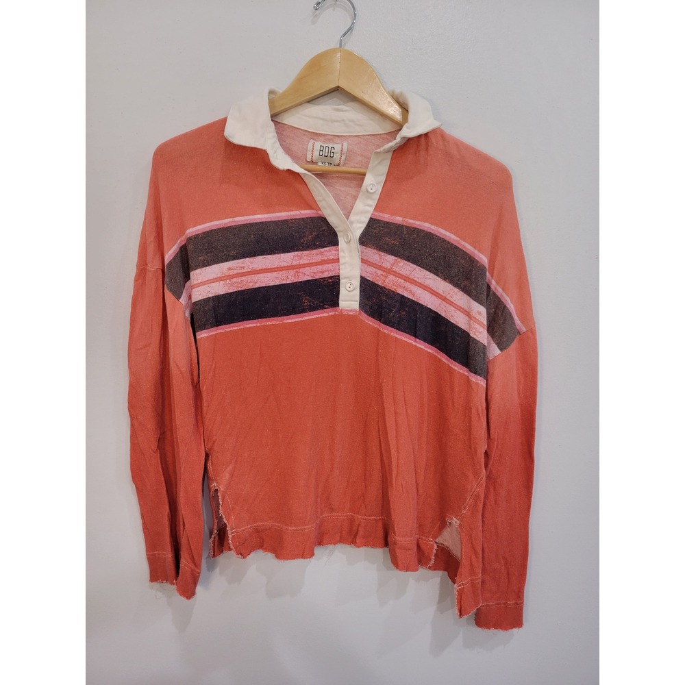 BDG Urban Outfitters Rugby Shirt Top Cotton Slub Womens XS Coral Striped Collar